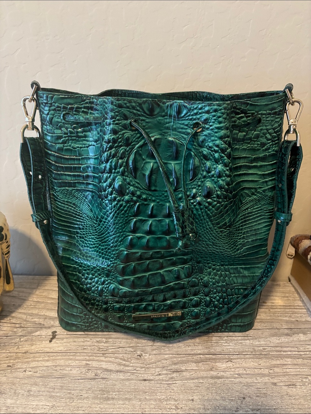 Brahmin Teal Croc-Embossed Drawstring Shoulder Bag